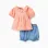 Cotton blouse + denim shorts with ruffles for baby girls, orange/blue