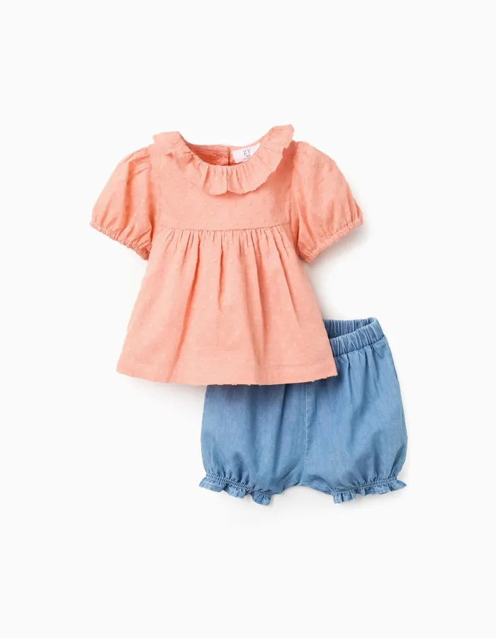Cotton blouse + denim shorts with ruffles for baby girls, orange/blue