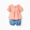 Cotton blouse + denim shorts with ruffles for baby girls, orange/blue