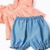 Cotton blouse + denim shorts with ruffles for baby girls, orange/blue