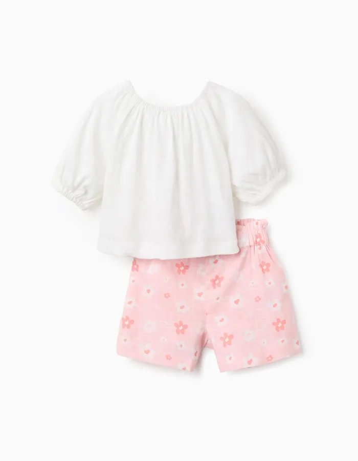 Cotton T-shirt + shorts with floral motif for baby girls, white/pink