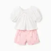 Cotton T-shirt + shorts with floral motif for baby girls, white/pink
