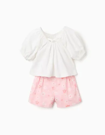 Cotton T-shirt + shorts with floral motif for baby girls, white/pink