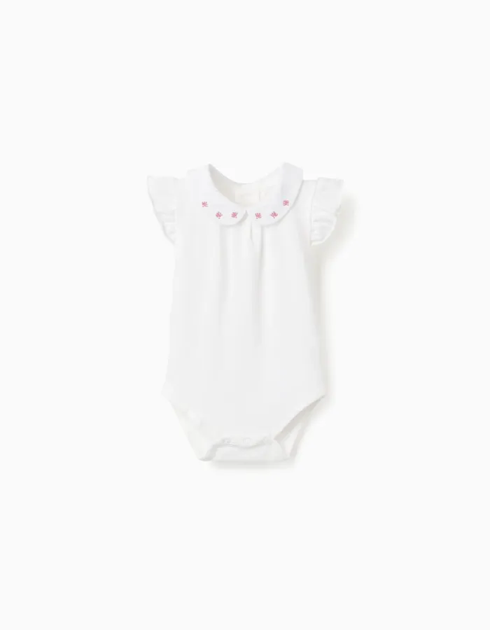 Short sleeve bodysuit with embroidered collar for newborn girls, white