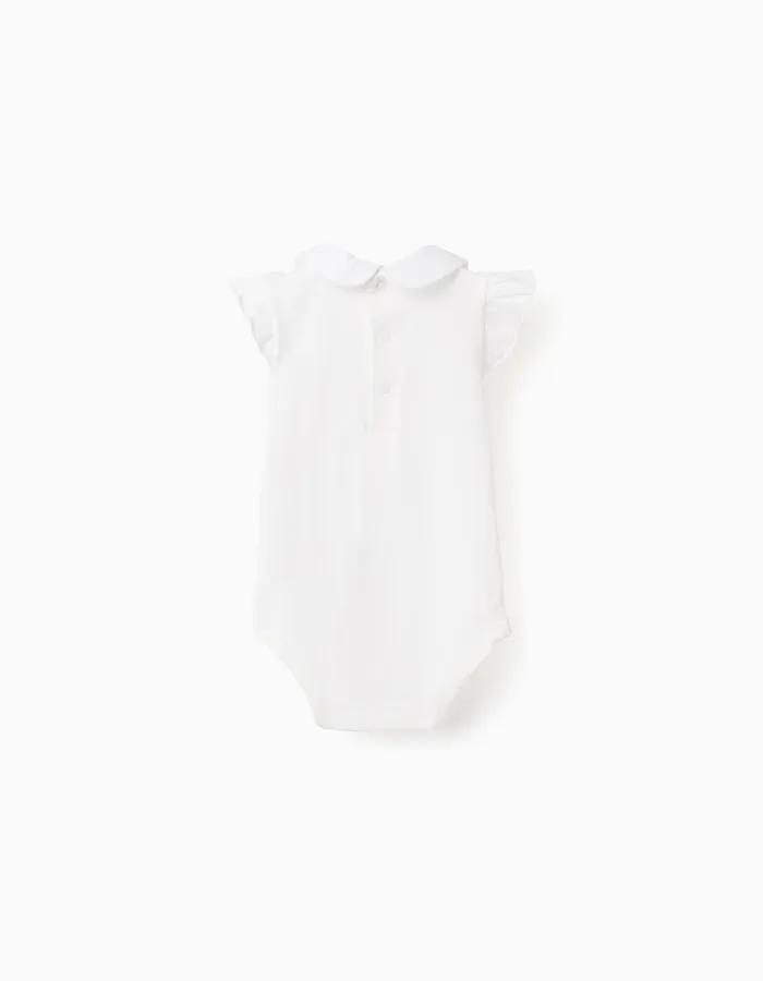 Short sleeve bodysuit with embroidered collar for newborn girls, white