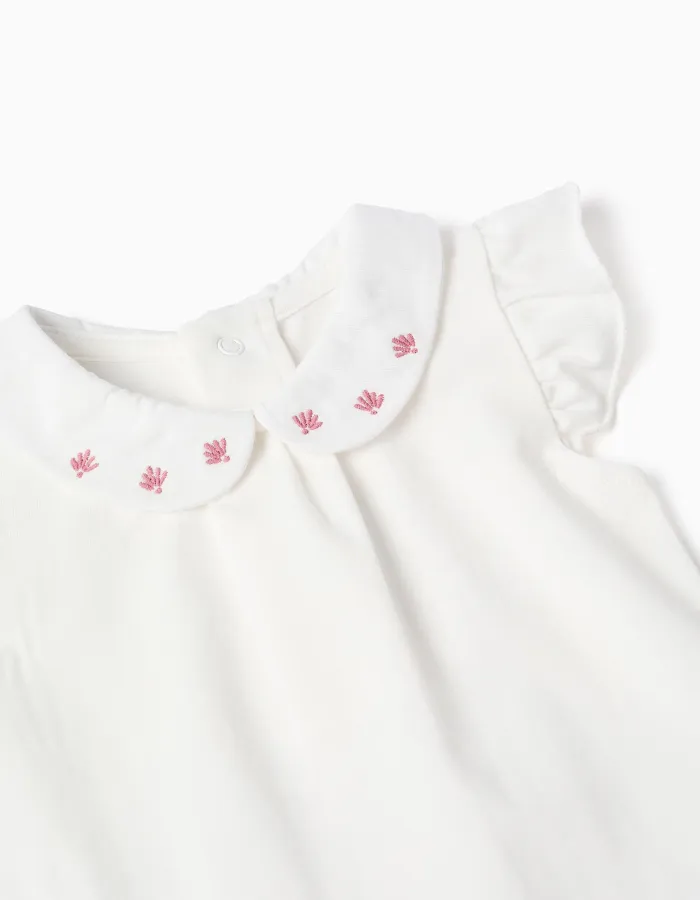 Short sleeve bodysuit with embroidered collar for newborn girls, white