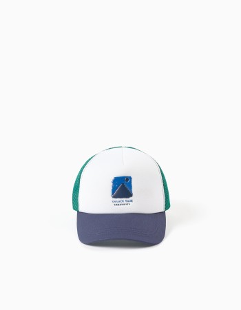 Cotton cap with Creativity print for babies and boys, white/blue/green