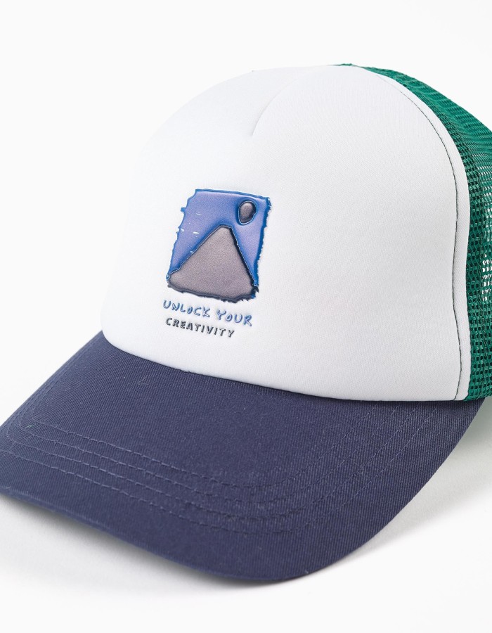 Cotton cap with Creativity print for babies and boys, white/blue/green