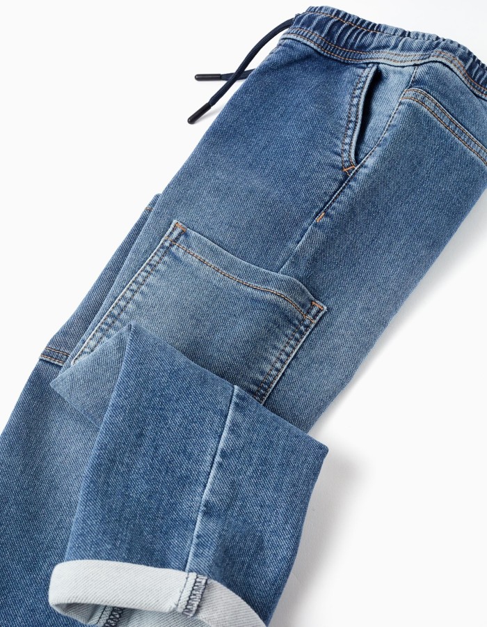 Straight fit denim trousers with cargo pockets for boys, blue