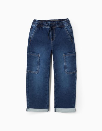 Straight fit denim trousers with cargo pockets for boys, dark blue