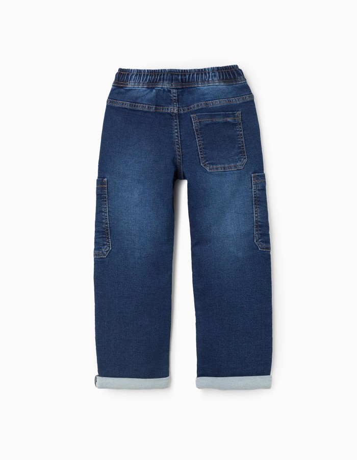 Straight fit denim trousers with cargo pockets for boys, dark blue