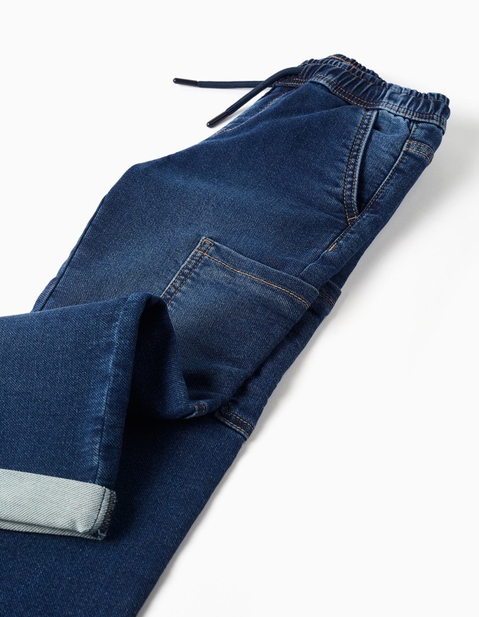 Straight fit denim trousers with cargo pockets for boys, dark blue