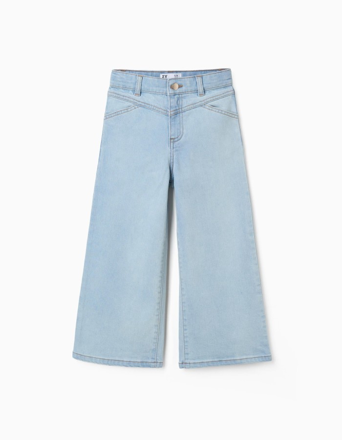 Wide leg cotton jeans for girls, light blue
