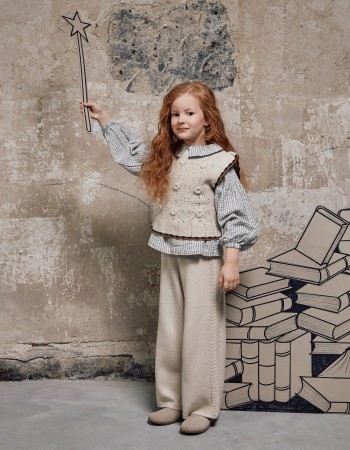 Wide leg knitted trousers B&S for girls, light beige