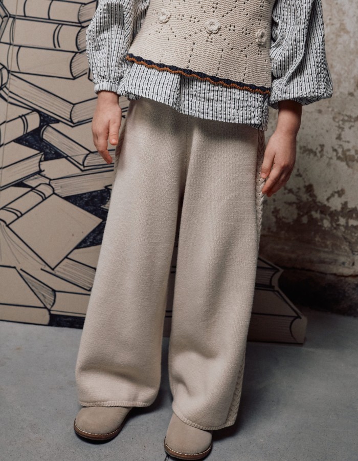 Wide leg knitted trousers B&S for girls, light beige