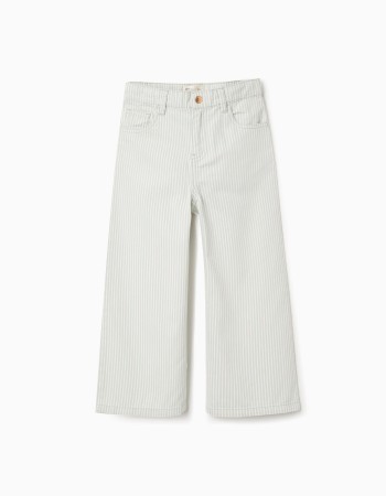 Wide leg cotton trousers with stripes for girls, light green/white