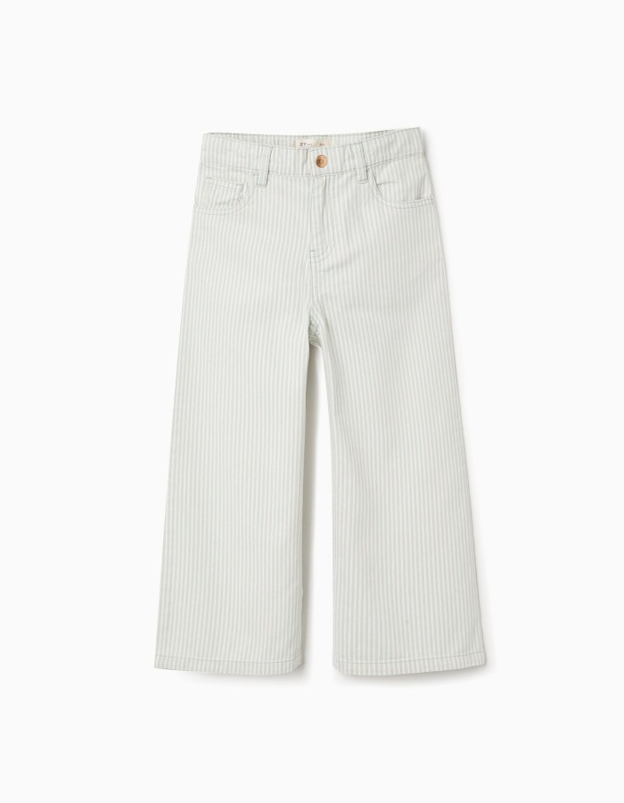 Wide leg cotton trousers with stripes for girls, light green/white