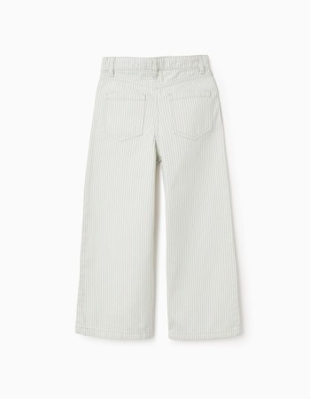 Wide leg cotton trousers with stripes for girls, light green/white