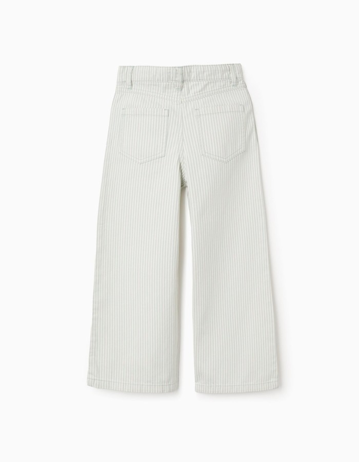 Wide leg cotton trousers with stripes for girls, light green/white
