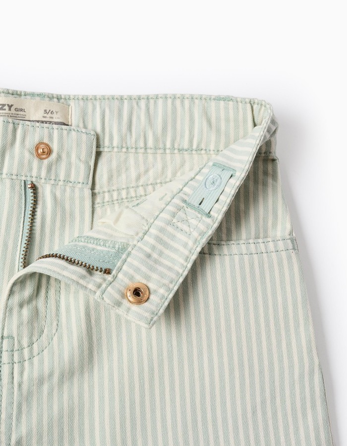 Wide leg cotton trousers with stripes for girls, light green/white