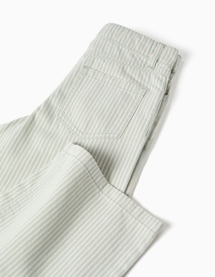 Wide leg cotton trousers with stripes for girls, light green/white
