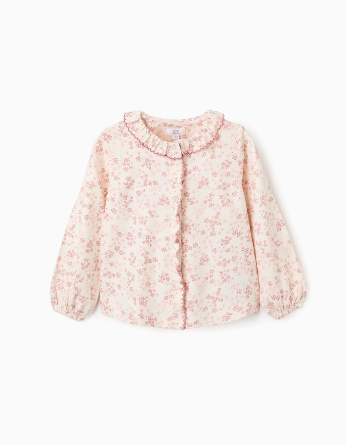 Long sleeve floral blouse with ruffles for girls, light beige/pink