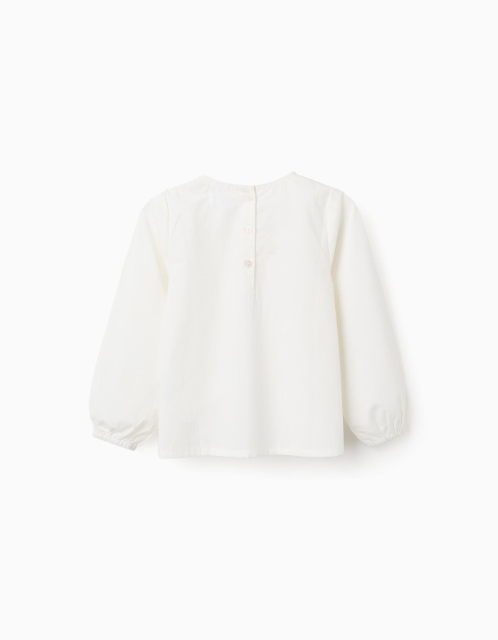 Long sleeve poplin blouse with front pleats for girls, white