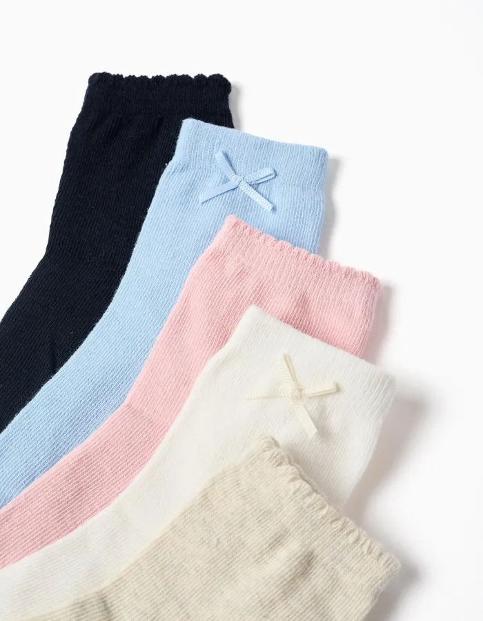 Pack of 5 pairs of plain socks for girls, pink/white/beige/blue