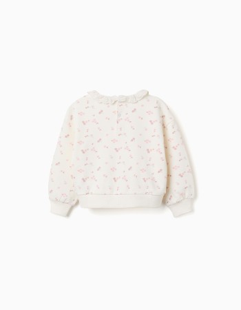 Cotton sweatshirt with floral motif and ruffled collar for girls, white