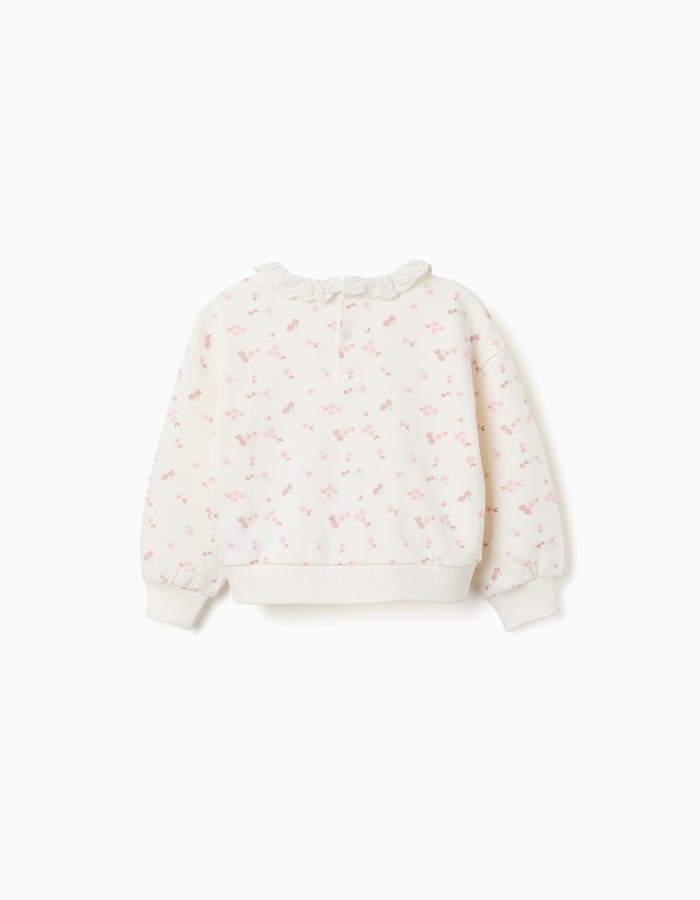 Cotton sweatshirt with floral motif and ruffled collar for girls, white