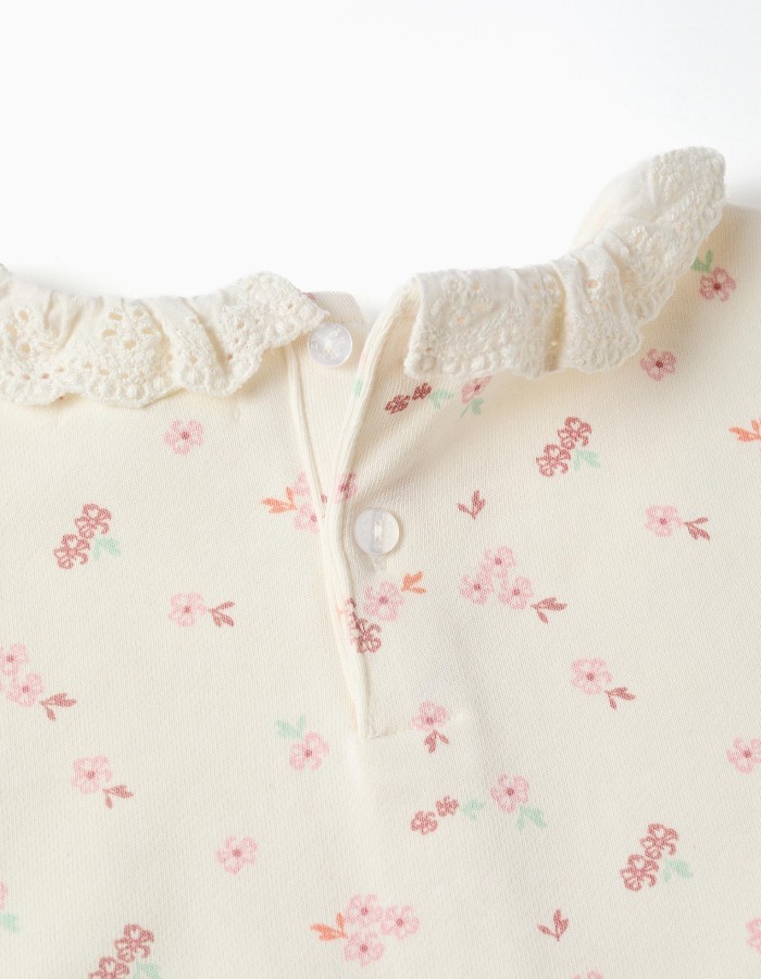 Cotton sweatshirt with floral motif and ruffled collar for girls, white