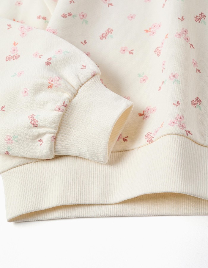 Cotton sweatshirt with floral motif and ruffled collar for girls, white