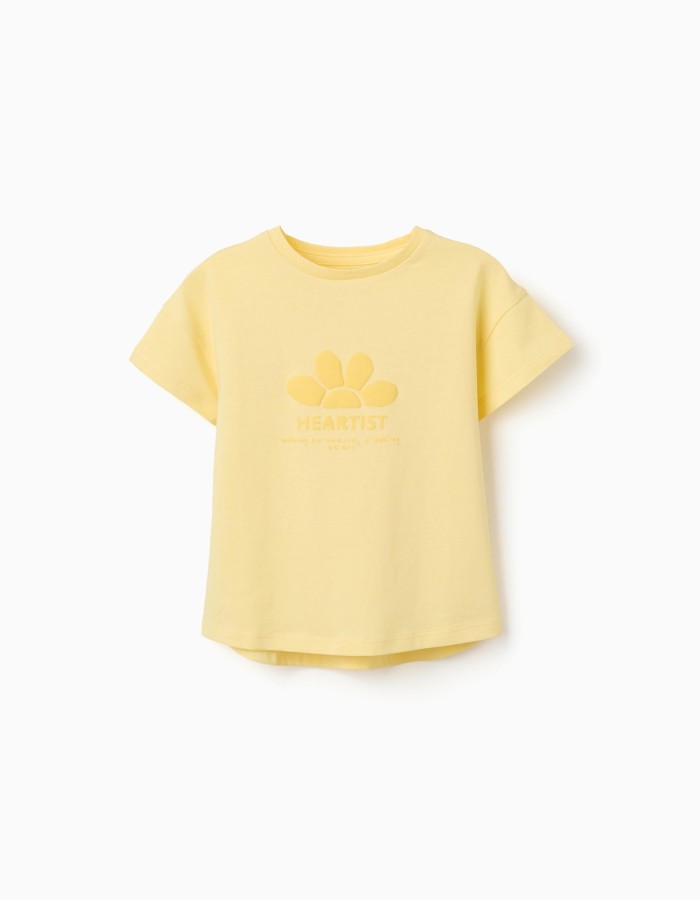 Cotton T-shirt with embossed front print for girls, yellow