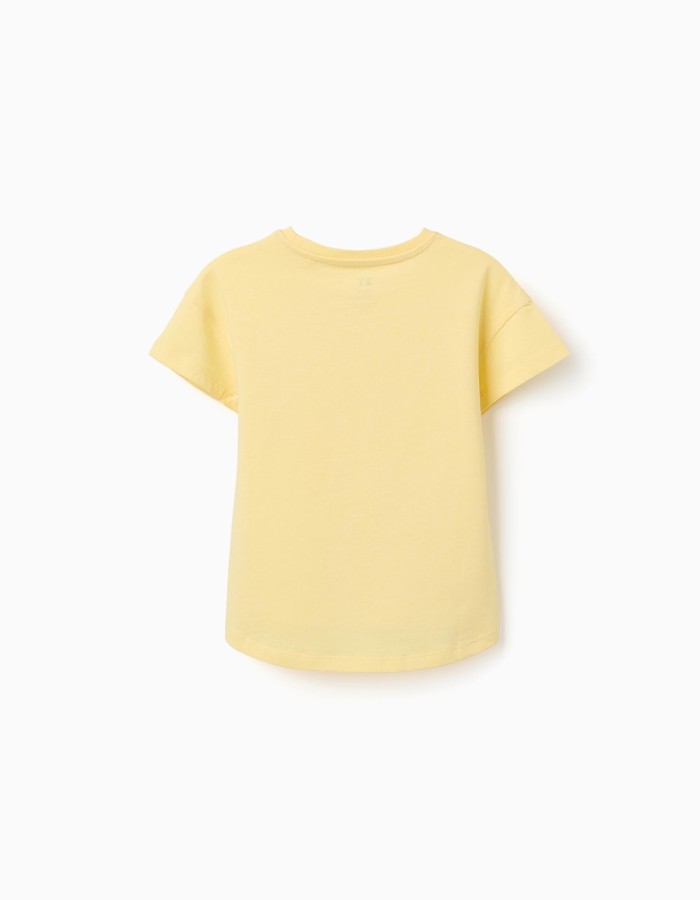 Cotton T-shirt with embossed front print for girls, yellow