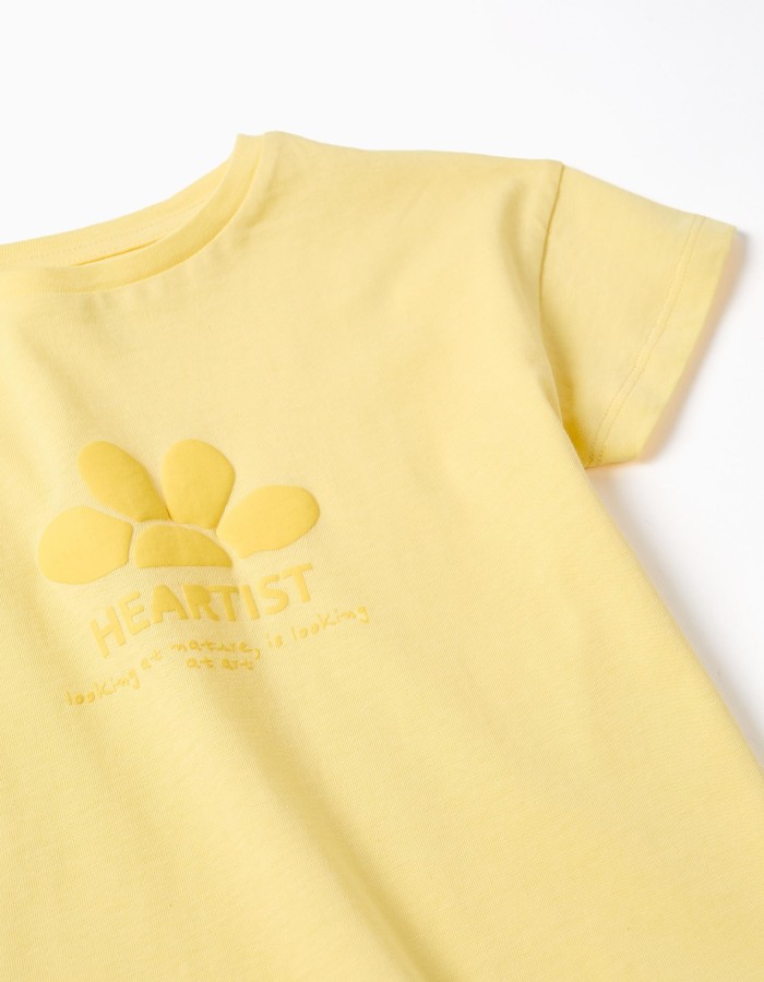 Cotton T-shirt with embossed front print for girls, yellow