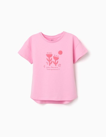 Cotton T-shirt with embossed floral print for girls, pink