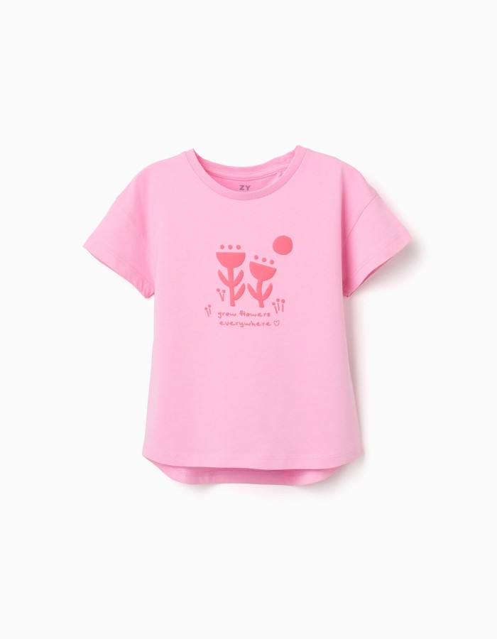 Cotton T-shirt with embossed floral print for girls, pink