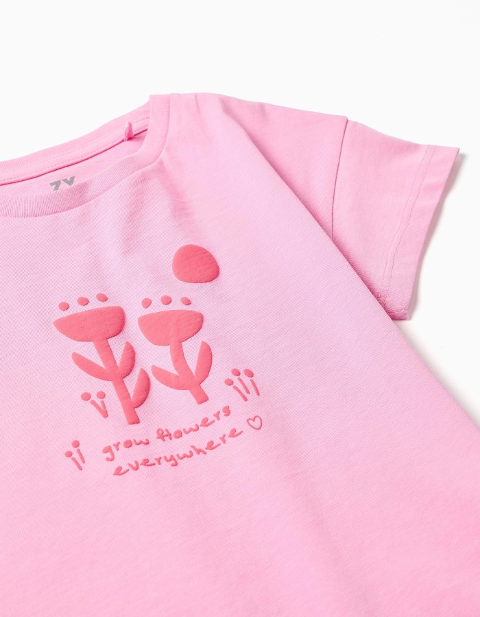 Cotton T-shirt with embossed floral print for girls, pink
