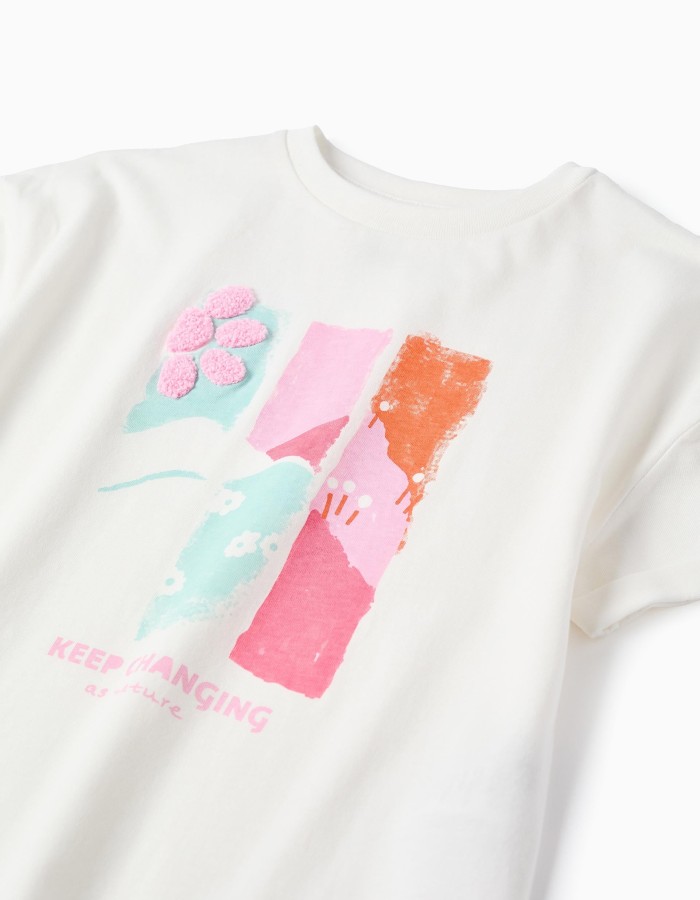 Cotton T-shirt with embossed print and embroidery for girls, white