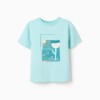 Cotton T-shirt with print and crochet application for girls, light blue