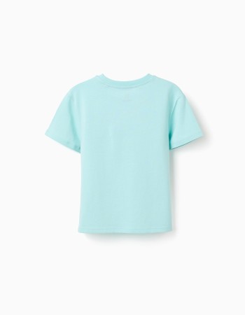 Cotton T-shirt with print and crochet application for girls, light blue
