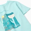 Cotton T-shirt with print and crochet application for girls, light blue