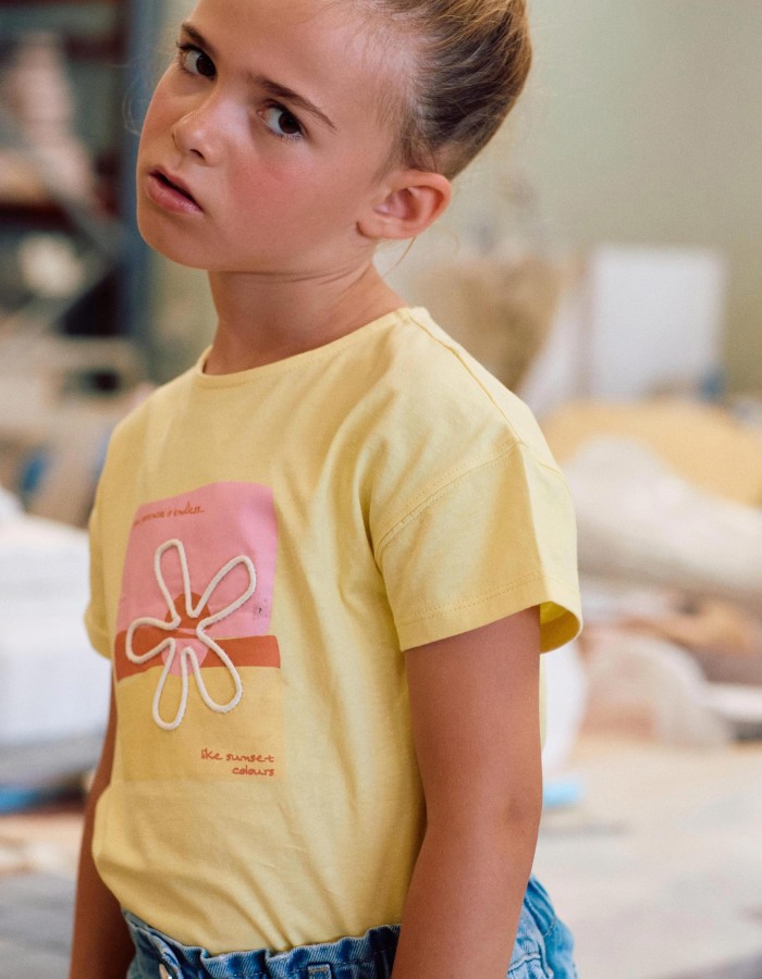 Cotton T-shirt with 3D floral print for girls, yellow/pink/orange