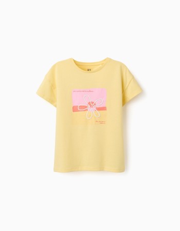 Cotton T-shirt with 3D floral print for girls, yellow/pink/orange