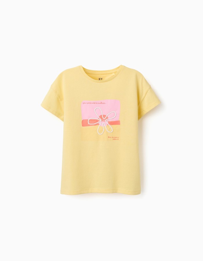 Cotton T-shirt with 3D floral print for girls, yellow/pink/orange