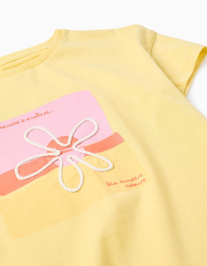 Cotton T-shirt with 3D floral print for girls, yellow/pink/orange