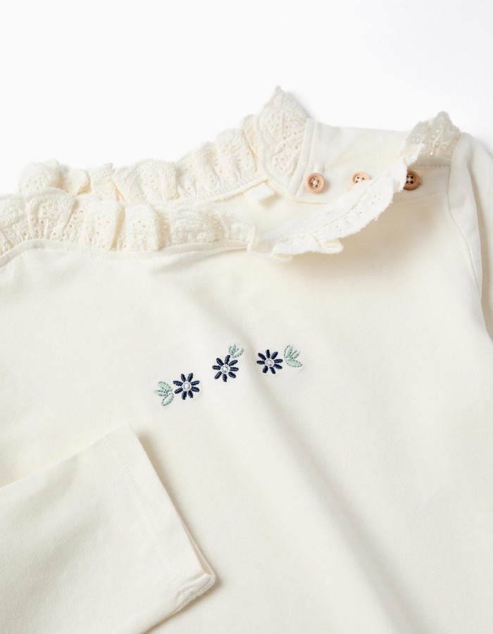 Long sleeve cotton T-shirt with embroidered flowers for girls, white