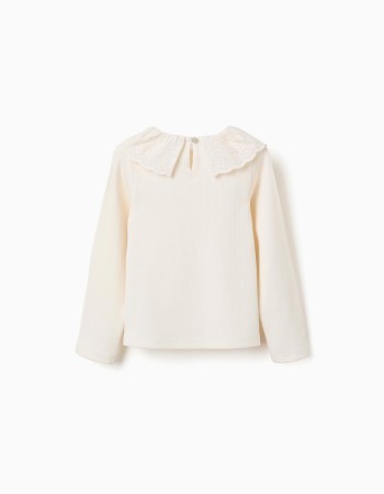 Long sleeve ribbed cotton T-shirt with broderie anglaise for girls, white
