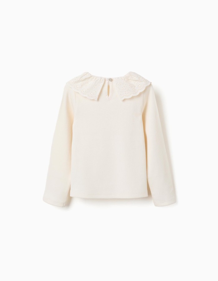 Long sleeve ribbed cotton T-shirt with broderie anglaise for girls, white