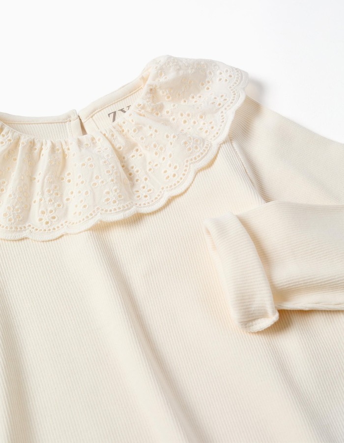 Long sleeve ribbed cotton T-shirt with broderie anglaise for girls, white